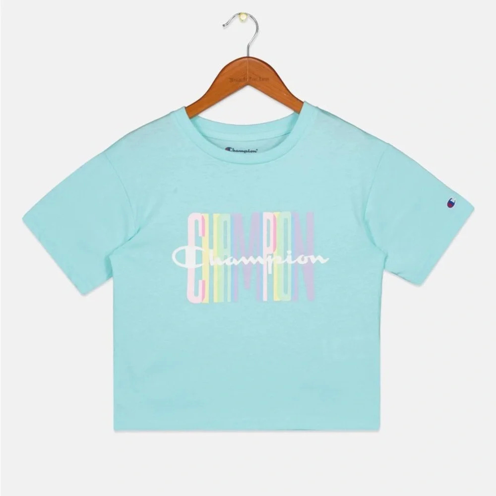 Champion Kids Girl Crew Neck Short Sleeve Brand Logo T-Shirt in Aruba Blue